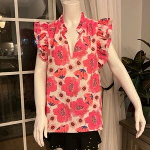 Jade Melody Tam Bright Pink Ruffle Floral V-Neck Blouse Boho Resort Woman Large